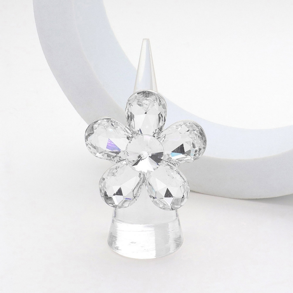 Silver Cluster Crystal Stretch Flower Ring